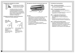 Page 1817
Detalles de funcionamiento
COOL – Función de enfriamiento
•Para fijar la temperatura ambiente en el nivel de frío
que le resulte más agradable.
AUTO – Funcionamiento Automatico
•Tome la temperatura interior para seleccionar el
modo más apropiado.
•En el modo de funcionamiento AUTO no aparece la
temperatura en el mando a distancia.
DRY – La Operación de Secado Suave
•Una refrigeración muy suave previa a la
deshumidificación no reduce la temperatura
ambiente.
•Durante el funcionamiento de secado suave,...