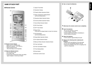 Page 54ENGLISH
NAME OF EACH PARTRemote ControlRemote Control Signal.
•Make sure it is not obstructed.
•Maximum distance : 10 m (32.8 ft.).
•Signal received sound.
One short beep or one long beep.
Notes for Remote Control.
•Do not throw or drop.
•Do not get it wet.
•Certain type of fluorescent lamps may affect
signal reception. Consult your dealer.
CHECK
TEMP
AUTO
ONOFFAUTODRYFAN
FCOOL
COOLFAN AUTO
RESET
CLOCK
MODESLEEP
ECONOMY
FAN SPEED
AIR SWINGOFF
CANCEL
ON
SET
12
3
TIMER
OFF/ON
POWERFULAUTO
MANUAL
#...