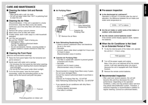 Page 98ENGLISH
Pre-season InspectionIs the discharged air cold/warm?
Operation is normal if 15 minutes after the start of
operation, the difference between the air intake and
outlet vents temperature is:-
Are the air intake or outlet vents of the indoor or
outdoor units obstructed?
Are the remote control batteries weak?
If the remote control display appears weak, replace
the batteries.When the Air Conditioner is Not Used
for an Extended Period of Time
1
To dry the internal parts of the indoor unit,...