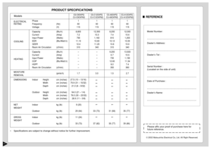 Page 1211
PRODUCT SPECIFICATIONS
•Specifications are subject to change without notice for further improvement.
Models
CS-C9CKPG
CU-C9CKP6G
ELECTRICALPhase 1 1 1 1
RATING Frequency (Hz) 60 60 60 60
Voltage (V) 115 115 115 115
Capacity (Btu/h) 8,800 12,300 8,200 12,000
Current (Amp) 7.2 10.3 7.4 10.6
Input Power (Watts) 790 1,160 810 1,200
EER (Btu/Watt.h) 11.10 10.60 10.12 10.00
SEER 12.4 11.20 10.8 10.6
Room Air Circulation (cf/min) 310 340 310 340
Capacity (Btu/h)––9,200 13,500
Current (Amp)––6.7 10.5
Input...