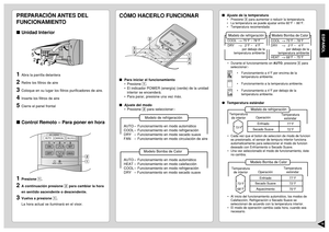 Page 1716ESPAÑOL
PREPARACIÓN ANTES DEL
FUNCIONAMIENTOUnidad Interior1
Abra la parrilla delantera
2
Retire los filtros de aire
3
Coloque en su lugar los flitros purificadores de aire.
4
Inserte los filtros de aire
5
Cierre el panel frontal
Control Remoto – Para poner en hora1
Presione 1.
2
A continuación presione 2 para cambiar la hora
en sentido ascendente o descendente.
3
Vuelva a presione 1.
La hora actual se iluminará en el visor.
CHECK
AUTO
AUTO HEAT DRY FANCOOL
FA NAUTO
RESET
CLOCK
FAN SPEED
AIR...