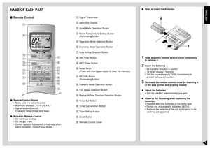 Page 5ENGLISH4
How  to Insert the Batteries1
Slide down the remote control cover completely
to remove it.
2
Insert the batteries
–Be sure the direction is correct
–12:00 on display - flashing
•Set the current time (CLOCK) immediately to
prevent battery exhaustion.
3
Re-install the remote control cover by inserting it
in the side groves and pushing inward.
About the batteries
•Can be used for approximately one year.
Observe the following when replacing the
batteries
•Replace with new batteries of the same...