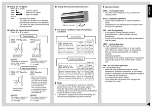 Page 7ENGLISH6
Operation Details
COOL – Cooling Operation
•To set the room temperature at your preference
cooling comfort.
AUTO – Automatic Operation
•Sense indoor temperature to select the optimum
mode.
•Temperature is not displayed on the remote control
during AUTO operation.
DRY – Soft Dry Operation
•A very gentle Cooling Operation, prior to
dehumidification. It does not lower the room
temperature.
•During Soft Dry operation, the indoor fan operates at
Low fan speed.
HEAT – Heating Operation
(for Heat Pump...