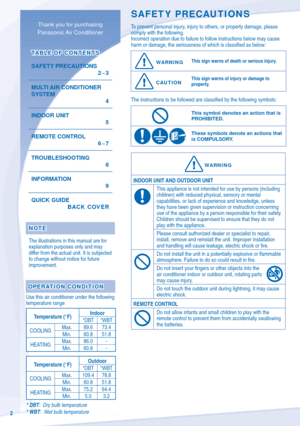 Page 22
SAFETY PRECAUTIONS
To prevent personal injury, injury to others, or property damage, please 
comply with the following.
Incorrect operation due to failure to follow instructions below may caus\
e 
harm or damage, the seriousness of which is classiﬁ ed as below:
  WARNINGWARNINGThis sign warns of death or serious injury.
  CAUTIONCAUTION 
This sign warns of injury or damage to 
property.
The instructions to be followed are classi ﬁ ed by the following symbols:
This symbol denotes an action that is...