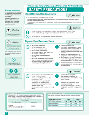 Page 2
2

To prevent personal injury, injury to others and property damage, the following instructions must be followed.
Incorrect operation due to failure to follow instructions will cause harm or damage, the seriousness of which is classiﬁed as below:
Thank you for purchasing a Panasonic Air Conditioner
SAFETY PRECAUTIONS
This symbol denotes an action that is PROHIBITED.
These symbols denote actions that are COMPULSORY.
This sign warns of death or serious injury.
Warning
■ Important notice
Caution
This sign...