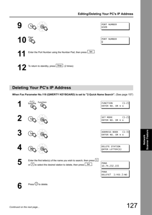 Page 127127
Editing/Deleting Your PCs IP Address
Network 
Scanner Feature
Continued on the next page...
When Fax Parameter No.119 (QWERTY KEYBOARD) is set to 2:Quick Name Search.  (See page 157)
9 
10
11
Enter the Port Number using the Number Pad, then press  .
12
To return to standby, press  . (2 times)
Deleting Your PCs IP Address
1  
2 
3 
4 
5
Enter the first letter(s) of the name you wish to search, then press 
or   to select the desired station to delete, then press  .
6
Press   to delete.
PORT NUMBER...