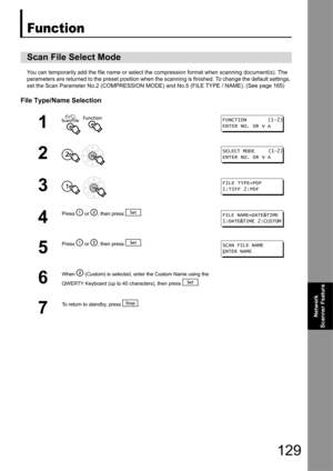 Page 129129
Network 
Scanner Feature
Function
You can temporarily add the file name or select the compression format when scanning document(s). The 
parameters are returned to the preset position when the scanning is finished. To change the default settings, 
set the Scan Parameter No.2 (COMPRESSION MODE) and  No.5 (FILE TYPE / NAME). (See page 165)
File Type/Name Selection
Scan File Select Mode
1  
2 
3  
4
Press   or  , then press  .
5
Press   or  , then press  .
6
When   (Custom) is selected, ent er the...