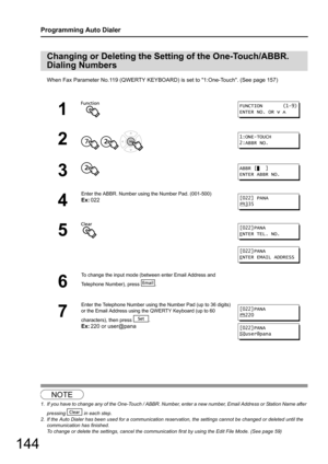 Page 144144
Programming Auto Dialer
When Fax Parameter No.119 (QWERTY KEYBOARD) is set to 1:One-Touch. (See page 157)12
Changing or Deleting the Setting of the One-Touch/ABBR. 
Dialing Numbers
NOTE
1. If you have to change any of the One-Touch / ABBR. Number , enter a new number, Email Address or Station Name after 
pressing   in each step.
2. If the Auto Dialer has been used for a communication reserv ation, the settings cannot be changed or deleted until the 
communication has finished. 
To change or delete...