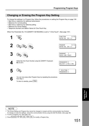 Page 151151
Programming Program Keys
Setting Your Machine
To change the settings in a Program Key, follow the procedures on setting the Program Key on page 146.
• Start time or station(s)  for deferred transmission
• Station(s) for normal polling
• Start time or station( s) for deferred polling
• Station(s) for Group Dialing
• Telephone Number and Station Name for One-Touch Key
When Fax Parameter No.119 (QWERTY KEYBOARD)  is set to 1:One-Touch. (See page 157)
123
Changing or Erasing the Program Key Setting
1
2...