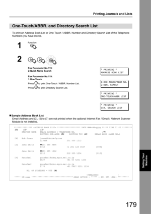 Page 179179
Printing Journals and Lists
Setting Your Machine
To print an Address Book List or One-Touch / ABBR. Nu mber and Directory Search List of the Telephone 
Numbers you have stored.
„ Sample Address Book List
Email Address and (3), (5) to (7) are not printed when the optional Internet Fax / Email / Network Scanner 
Module is not installed.
One-Touch/ABBR. and Directory Search List
1
2
  
Fax Parameter No.119:
2:Quick Name Search
Fax Parameter No.119:
1:One-Touch
Press   to print One-Touch / ABBR. Number...