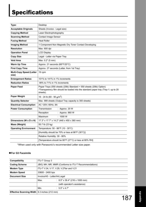 Page 187187Appendix
Appendix
Specifications
*When used only with Panasonics recommended Letter size paper.
„ For G3 Facsimile
Ty p e : Desktop
Acceptable Originals Sheets (Invoice - Legal size)
Copying Method Laser Electrophotography
Scanning Method Contact Image Sensor
Fusing Method Heat Roller
Imaging Method 1 Component Non Magnetic Dry Toner Contact Developing
Resolution Max. 600 dpi
Operation Panel LCD Display
Copy Size Legal - Letter via Paper Tray 
Vo i d  A r e a Max. 0.2 (5 mm)
Warm Up Time Approx. 21...