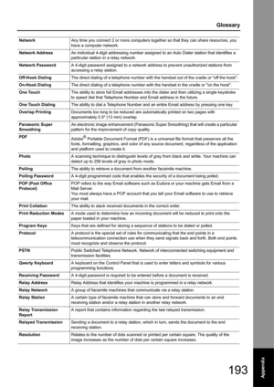 Page 193193
Glossary
Appendix
NetworkAny time you connect 2 or more computers toget her so that they can share resources, you 
have a computer network.
Network Address An individual 4-digit addressing number assigned  to an Auto Dialer station that identifies a 
particular station in a relay network.
Network Password A 4-digit password assigned to a network add ress to prevent unauthorized stations from 
accessing a relay station.
Off-Hook Dialing The direct dialing of a telephone number with t he handset out of...