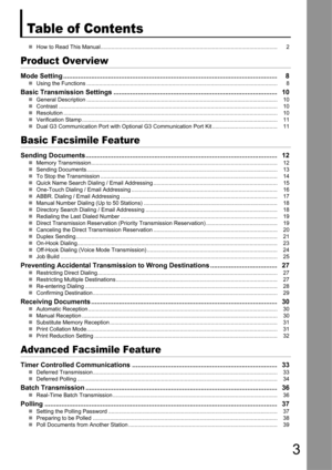 Page 33
Table of Contents
„How to Read This Manual........................................................................................................ .......... 2
Product Overview
Mode Setting .................................................................................................... ...............8
„Using the Functions ............................................................................................................ ............... 8
Basic Transmission Settings...