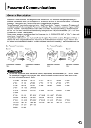 Page 4343
Advanced Facsimile  Feature
Password Communications
Password Communications, including Password Transm ission and Password Reception prevents your 
machine from sending a fax to a wrong station or receiving a fax from an unauthorized station. You can set 
Password Transmission and  Password Reception independently, or together.
To use Password Transmission, you must set a 4-digit Transmission Password in  advance. The password 
must be shared with other compatible Panasonic machine(s). If the...