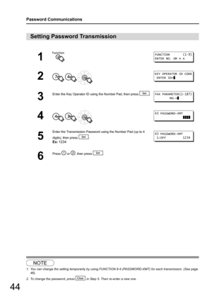 Page 4444
Password Communications
12
Setting Password Transmission
1
2
  
3
Enter the Key Operator ID using the Number Pad, then press  .
4  
5
Enter the Transmission Password using the Number Pad (up to 4 
digits), then press  .
Ex:1234
6
Press  or , then press  .
NOTE
1. You can change the setting temporarily by using FUNCTI ON 8-4 (PASSWORD-XMT) for each transmission. (See page 
46).
2. To change the password, press   in Step 5. Then re-enter a new one.
FUNCTION       (1-9)
ENTER NO. OR   
KEY OPERATOR ID...