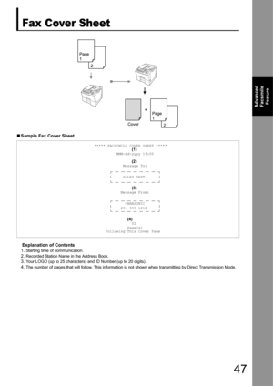 Page 47
47
Advanced Facsimile  Feature
Fax Cover Sheet
„ Sample Fax Cover Sheet 
Explanation of Contents
1.
Starting time of communication.
2.Recorded Station Name in the Address Book.
3.Your LOGO (up to 25 characters) and ID Number (up to 20 digits).
4.The number of pages that will follow. This information is  not shown when transmitting by Direct Transmission Mode.
                                   ***** FACSIMILE COVER SHEET *****
                                                    (1)...