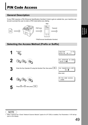 Page 4949
Advanced Facsimile  Feature
PIN Code Access
If your PBX requires a PIN (Personal  Identification Number) Code to get an outside line, your machine can 
be set to prompt the user to enter a PIN Code before any dialing.
1
General Description
Selecting the Access Method (Prefix or Suffix)
1 
2  
3
Enter the Key Operator ID using  the Number Pad, then press  .
(See note)
4  
5
Press   or  , then press  .
NOTE
1. When “Internet Fax / Email / Network Scanner Module” (opti on for UF-7200) is installed, Fax...