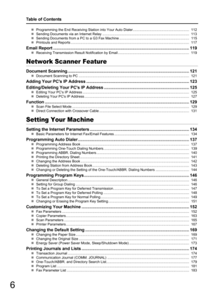 Page 66
Table of Contents
„Programming the End Receiving Stat ion into Your Auto Dialer......................................................... 112
„ Sending Documents via an Internet Relay ............ ............................................................................113
„ Sending Documents from a PC to  a G3 Fax Machine ....................................................................... 115
„ Printouts and Reports...