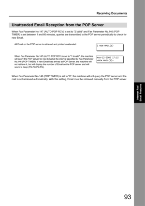 Page 9393
Receiving Documents
Internet Fax/
Email Features
When Fax Parameter No.147 (AUTO  POP RCV) is set to 2:Valid and Fax Parameter No.146 (POP 
TIMER) is set between 1 and 60 minutes, queries are tr ansmitted to the POP server periodically to check for 
new Email.
When Fax Parameter No.146 (POP TIMER) is set to 0 , the machine will not query the POP server and the 
mail is not retrieved automatically. Wi th this setting, Email must be retrieved manually from the POP server.
Unattended Email Reception from...