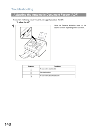 Page 140Troubleshooting
140
If document misfeeding occurs frequently, we suggest you adjust the ADF.
Adjusting the Automatic Document Feeder (ADF)
To adjust the ADF
1Slide the Pressure Adjusting Lever to the
desired position depending on the condition.
Position Condition
To prevent no feed trouble
Standard position
To prevent multiple feed trouble1
2
3 