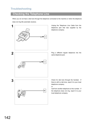 Page 142Troubleshooting
142
When you do not hear a dial tone through the telephone connected to the machine or when the telephone
does not ring (No automatic receive).
Checking the Telephone Line
1Unplug the Telephone Line Cable from the
telephone jack that was supplied by the
telephone company.
2Plug a different regular telephone into the
same telephone jack.
3Check for dial tone through the handset.  If
there is still no dial tone, report it to your local
telephone company.
or
Call from another telephone to...