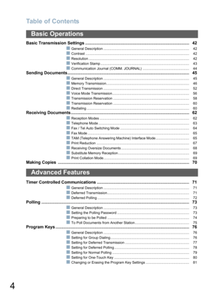 Page 4Table of Contents
4
Basic Transmission Settings ........................................................................................ 42
General Description ....................................................................................... 42
Contrast ......................................................................................................... 42
Resolution ...................................................................................................... 42
Verification Stamp...