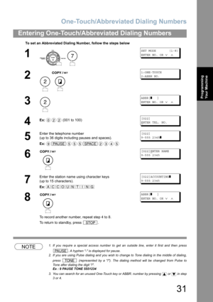 Page 31One-Touch/Abbreviated Dialing Numbers
31
Entering One-Touch/Abbreviated Dialing Numbers
Programming 
Your Machine
NOTE1. If you require a special access number to get an outside line, enter it first and then press
. A hyphen - is displayed for pause.
2. If you are using Pulse dialing and you wish to change to Tone dialing in the middle of dialing,
press   (represented by a /). The dialing method will be changed from Pulse to
Tone after dialing the digit /. 
Ex : 9 PAUSE TONE 5551234
3. You can search for...