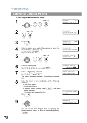 Page 78Program Keys
78
Setting for Deferred Polling
To set a Program Key for deferred polling
1
    
PROGRAM        (1-4)
ENTER NO. OR 
∨ ∧
2
 
PROGRAM[P ]
PRESS PROGRAM KEY
3
Ex:PROGRAM[P1]    NAME
ENTER NAME
4
Enter the station name (up to 15 characters) by using the
Character keys.  (See page 13)
Ex: PROG.A and PROGRAM[P1]
PRESS FUNCTION KEY
5
   
DEFERRED POLLING
START TIME     
❚ :
6
Enter the starting time.
Ex: (10:00 p.m.) and DEFERRED POLLING
    PASSWORD=
❚❚❚❚
7
Enter a 4-digit polling password.
Ex:...