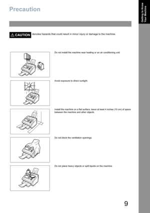 Page 99
Getting to Know 
Your Machine
Precaution
CAUTION!denotes hazards that could result in minor injury or damage to the machine.
Do not install the machine near heating or an air conditioning unit.
Avoid exposure to direct sunlight.
Install the machine on a flat surface, leave at least 4 inches (10 cm) of space
between the machine and other objects.
Do not block the ventilation openings.
Do not place heavy objects or spill liquids on the machine. 