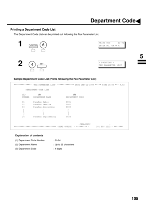 Page 107105
Printing a Department Code List
The Department Code List can be printed out following the Fax Parameter List.
Sample Department Code List (Prints following the Fax Parameter List)
Explanation of contents
1
  
2
  
*************** -FAX PARAMETER LIST- ************** DATE JAN-12-1999 ***** TIME 15:00 *** P.02
          DEPARTMENT CODE LIST
       (1)          (2)                           (3)
NUMBER DEPARTMENT NAME DEPARTMENT CODE
01 Panafax Sales 0001       
02 Panafax Service 0002       
03 Panafax...