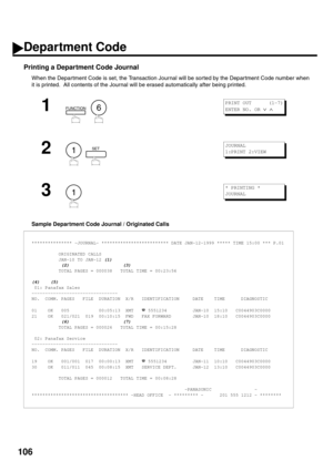 Page 108106
Printing a Department Code Journal
When the Department Code is set, the Transaction Journal will be sorted by the Department Code number when
it is printed.  All contents of the Journal will be erased automatically after being printed.
Sample Department Code Journal / Originated Calls
1
  
2
  
3
*************** -JOURNAL- ************************* DATE JAN-12-1999 ***** TIME 15:00 *** P.01
          ORIGINATED CALLS          
          JAN-10 TO JAN-12 (1)           
           (2)...