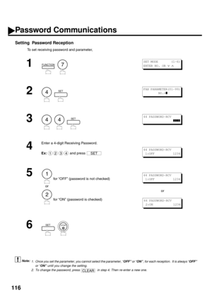 Page 118116
Setting  Password Reception
To set receiving password and parameter,
 (see Note 1)
 (see Note 2)
1
  
2
  
3
     
4
Enter a 4-digit Receiving Password.
Ex:  and press 
5
 for “OFF” (password is not checked)
    or
 for “ON” (password is checked)or
6
  
1. Once you set the parameter, you cannot select the parameter, “OFF” or “ON”, for each reception.  It is always “OFF”
or “ON” until you change the setting.
2. To change the password, press    in step 4. Then re-enter a new one.
FUNCTION7
S E T  M O D...