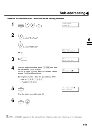 Page 143141
To set the Sub-address into a One-Touch/ABBR. DIaling Numbers
 (see Note 1)
1
        
2
 to select “One-Touch”.
    or
 to select “ABBR.NO.”.
Ex:
3Ex:
 
4
Enter the telephone number, press   then enter
the Sub-address. (Up to 20 digits)
(Up to 36 digits including telephone number, pauses,
spaces, FLASH and Sub-address)
Ex:Telephone number = 5551234, Sub-address =2762
Enter as:
 
5
Enter the station name. (See page 29)
6
  
1.  separates the Sub-address from the Telephone number and is indicated by...