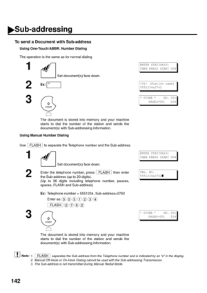 Page 144142
To send a Document with Sub-address
Using One-Touch/ABBR. Number Dialing
The operation is the same as for normal dialing
Using Manual Number Dialing
Use   to separate the Telephone number and the Sub-address.
 (see Note 1) (see Note 2) (see Note 3)
1
 Set document(s) face down.
2Ex:
3
The document is stored into memory and your machine
star ts to dial the number of the station and sends the
document(s) with Sub-addressing information.
1
 Set document(s) face down.
2
Enter the telephone number, press...