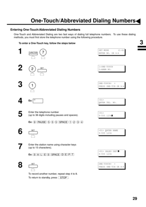 Page 3129
PROGRAMMING YOUR MACHINE
One-Touch/Abbreviated Dialing Numbers
Entering One-Touch/Abbreviated Dialing Numbers
One-Touch and Abbreviated Dialing are two fast ways of dialing full telephone numbers.  To use these dialing
methods, you must first store the telephone number using the following procedure.
To enter a One-Touch key, follow the steps below
1
  
2
  
3
4
Ex:
5
Enter the telephone number
(up to 36 digits including pauses and spaces).
Ex:
6
7
Enter the station name using character keys
(up to 15...