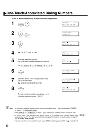 Page 3230
To set an Abbreviated Dialing Number, follow the steps below
 (see Note 1) (see Note 2) (see Note 3) (see Note 4)
1
  
2
     
3
4
Ex:   (001 to 160)
5
Enter the telephone number
(up to 36 digits including pauses and spaces).
Ex:
6
7
Enter the station name using character keys
(up to 15 characters).
Ex:
8
To record another number, repeat step 4 to 8.
To return to standby, press  .
1. If you require a special access number to get an outside line, enter it first and then press  .
A hyphen - is displayed...