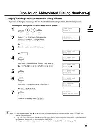 Page 3331
Changing or Erasing One-Touch/Abbreviated Dialing Numbers
If you have to change or erase any of the One-Touch/Abbreviated dialing numbers, follow the steps below.
To change the settings of a One-Touch/ABBR. dialing number
 (see Note 1)
 (see Note 2)
1
        
2
Select   for One-Touch Dialing number
Select   for ABBR. Dialing Number
Ex:
3
Enter the station you wish to change.
Ex:
4
then enter a new telephone number.  (See Note 1)
Ex:
5
6
then enter a new station name.  (See Note 1)
Ex:
7
To return to...