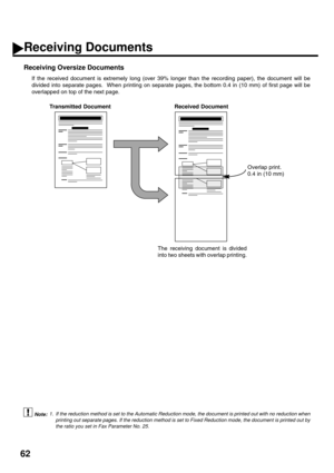 Page 6462
Receiving Oversize Documents
If the received document is extremely long (over 39% longer than the recording paper), the document will be
divided into separate pages.  When printing on separate pages, the bottom 0.4 in (10 mm) of first page will be
overlapped on top of the next page.
 (see Note 1)
1. If the reduction method is set to the Automatic Reduction mode, the document is printed out with no reduction when
printing out separate pages. If the reduction method is set to Fixed Reduction mode, the...