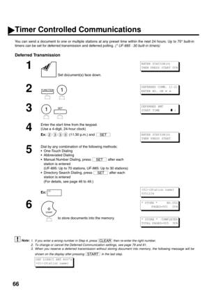 Page 6866
Timer Controlled Communications
You can send a document to one or multiple stations at any preset time within the next 24 hours. Up to 70* built-in
timers can be set for deferred transmission and deferred polling. (* UF-885 : 30 built-in timers)
Deferred Transmission (see Note 1) (see Note 2) (see Note 3)
1
 Set document(s) face down.
2
  
3
  
4
Enter the start time from the keypad.
(Use a 4-digit, 24-hour clock)
Ex:  (11:30 p.m.) and 
5
Dial by any combination of the following methods:
One-Touch...