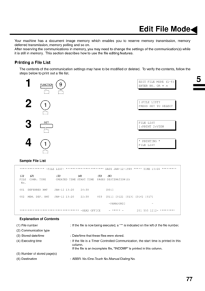 Page 7977
Edit File Mode
Your machine has a document image memory which enables you to reserve memory transmission, memory
deferred transmission, memory polling and so on.
After reserving the communications in memory, you may need to change the settings of the communication(s) while
it is still in memory.  This section describes how to use the file editing features.
Printing a File List
The contents of the communication settings may have to be modified or deleted.  To verify the contents, follow the
steps below...