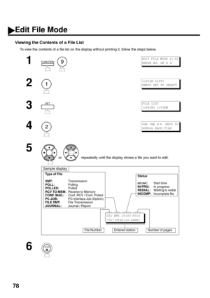 Page 8078
Viewing the Contents of a File List
To view the contents of a file list on the display without printing it, follow the steps below.
1
  
2
3
4
5
 or    repeatedly until the display shows a file you want to edit.
6
FUNCTION9
EDIT FILE MODE (1-6)
ENTER NO. OR 
∨ ∧ 
1
1:FILE LIST?
PRESS SET TO SELECT
SETFILE LIST
1:PRINT 2:VIEW
2
USE THE ∨ ∧    KEYS TO
SCROLL EACH FILE
-
Sample display
Type of File
XMT:Transmission
POLL:Polling
POLLED:Polled
RCV TO MEM:Receive to Memory
CONF. MAIL:Conf. RCV / Conf....