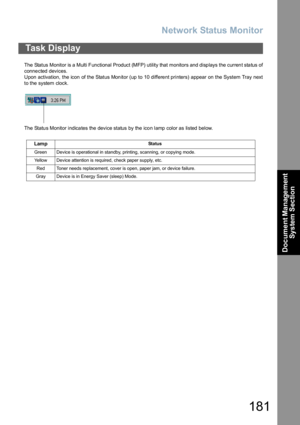 Page 181Network Status Monitor
181
Document Management 
System Section
The  Status Monitor is a Multi Functional Product (MFP) utility that monitors and disp lays the curren t sta tus of
connected devices.
Upon activation, the icon of the Status Monitor (up to 10 different printers) appear on the System Tray next
to the system clock.
The  Statu s Monitor indica tes the  device status by the ico n lamp  color as listed below.
Task Display
LampStatus
Green Device is operational in standby, printing, scanning, or...