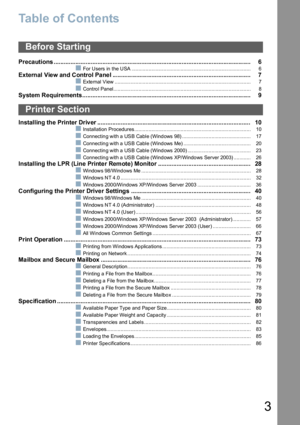 Page 33
Table of Contents
Precautions .....................................................................................................................6
QFor Users in the USA ..................................................................................... 6
External View and Control Panel .................................................................................. 7
QExternal View ................................................................................................. 7
QControl...