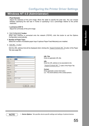 Page 55Configuring the Printer Driver Settings
55
Windows NT 4.0 (Administrator)
Printer Section
•Pixel Diameter
Adjust the darkness of the print image. Move the slider to specify the pixel size. You can choose
between specifying the real size in inches or specifying it as a percentage relative to the printer
resolution.
•Luminanc e (CIE Y)
Adjust the luminosity of the print image.
3. button
When your machine is connected onto the network (TCP/IP), click this button to set the Options
Configuration...