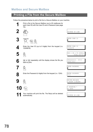 Page 78Mailbox and Secure Mailbox
78
Follow the p roced ure below to print a  file fro m a Secure Mailbox on your machine.
Printing a File from the Secure Mailbox
1
Print a file to the Secure Mailbox (up to 20 mailboxes for
each User ID) with the User ID and a Password (see page
72).
2P RI NT ER ON  L INE
3
  
ENTER USER ID
❚
4
Enter the User ID (up to 8 digits) from the keypad (i.e.
12345678)ENTER USER ID
12345678
5
USE ∨ OR  ∧ T O  SC ROL L
            TO TA L D OC =n n
6
 or   repeatedly until the display...