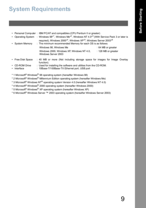 Page 99
Before Starting
System Requirements
• Personal Comp uter : IBM PC/AT an d compatible s (CPU Pentium II or greater)
• Operating System : Windows 98*
1, Windows Me*2, Windows NT 4.0*3 (With Service Pack 3 or later is
required), Windows 2000*
4, Windows XP*5, Windows Server 2003*6
• System Memory : The minimum recommended Memory for each OS is as follows:
• Free Disk Space : 40 MB or more (Not including storage space for images for Image Overlay
function).
• CD-ROM Drive : Used for installing the software...