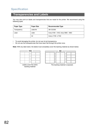 Page 82Specification
82
You may also print on labels and transparencies that are made for the printer. We recommend using the
following types.
• To avoid damaging the printer, do not use ink jet transparency.
• Do not use the transparencies that have been fed through the printer once.
Note: With any label stock, the labels must completely cover the backing material as shown below.
Transparencies and Labels
Paper Type Paper Size Re comme nded Type
Transparency Letter/A4 3M CG3300
Label Letter Avery 5160 – 5163,...