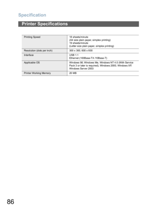 Page 86Specification
86
Printer Specifications
Printing Speed 18 sheets/minute 
(A4 size plain paper, simplex printing)
19 sheets/minute
(Letter size plain paper, simplex printing)
Resolution (dots per inch) 300 x 300, 600 x 600
In terfa ce U SB 1.1
Ethernet (100Base-TX /10Base-T)
Applicable OS Windows 98, Windows Me, Windows NT 4.0 (With Service 
Pack 3 or later is required), Windows 2000, Windows XP, 
Windows Server 2003
Printer Working Memory 20 MB 