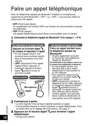 Page 36VQT5C48
36
12
Faire un appel téléphonique
Avec les téléphones équipés de Bluetooth® (mobiles ou smartphones) 
supportant le profil Bluetooth® « HFP » ou « HSP », vous pouvez utiliser le 
casque pour les appels.
 •HFP (Profil mains libres) : 
En supplément à la fonction HSP, une fonction de communication avancée 
est disponible.
 • HSP (Profil casque) : 
Les appels téléphoniques mains-libres sont possibles avec le casqu\
e.
En répondant à un appel entrantEn lançant un appel sortant
1Connectez le téléphone...