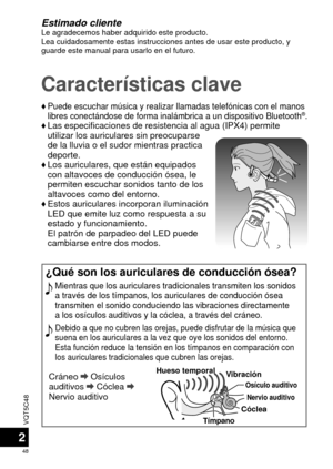 Page 48VQT5C48
48
2
Estimado clienteLe agradecemos haber adquirido este producto.
Lea cuidadosamente estas instrucciones antes de usar este producto, y 
guarde este manual para usarlo en el futuro.
Características clave
♦  Puede escuchar música y realizar llamadas telefónicas con el manos\
 
libres conectándose de forma inalámbrica a un dispositivo Bluetoot\
h®.♦  Las especificaciones de resistencia al agua (IPX4) permite 
utilizar los auriculares sin preocuparse 
de la lluvia o el sudor mientras practica...